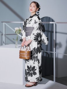 画像26: 【即日発送】モノトーンフラワーレトロモダン浴衣 【浴衣3点セット 浴衣/帯/下駄】 [YMT] (26)