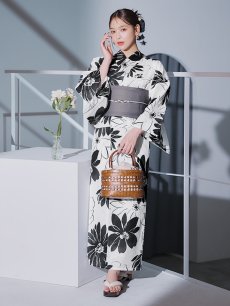 画像27: 【即日発送】モノトーンフラワーレトロモダン浴衣 【浴衣3点セット 浴衣/帯/下駄】 [YMT] (27)