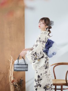 画像14: 【即日発送】水彩風モノトーンフラワー浴衣 【浴衣3点セット 浴衣/帯/下駄】 [YMT] (14)