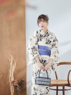 画像15: 【即日発送】水彩風モノトーンフラワー浴衣 【浴衣3点セット 浴衣/帯/下駄】 [YMT] (15)