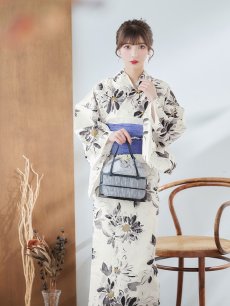 画像16: 【即日発送】水彩風モノトーンフラワー浴衣 【浴衣3点セット 浴衣/帯/下駄】 [YMT] (16)