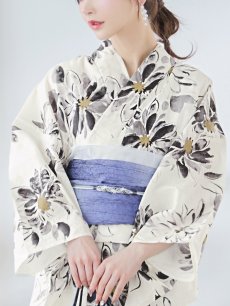 画像19: 【即日発送】水彩風モノトーンフラワー浴衣 【浴衣3点セット 浴衣/帯/下駄】 [YMT] (19)