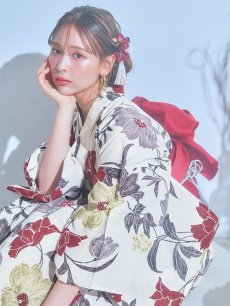 画像3: 【即日発送】レトロモダンフラワー浴衣 【浴衣3点セット 浴衣/帯/下駄】 [YMT] (3)