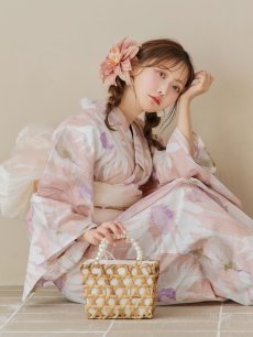 画像1: 【即日発送】大人レトロピンク浴衣 【浴衣3点セット 浴衣/帯/下駄】 [YMT] (1)