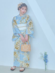 画像2: 【即日発送】ライトブルー×キバナフジ浴衣 【浴衣3点セット 浴衣/帯/下駄】 [YMT] (2)