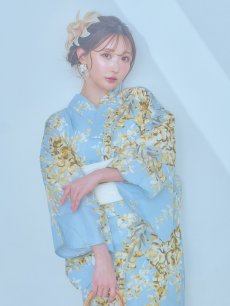 画像3: 【即日発送】ライトブルー×キバナフジ浴衣 【浴衣3点セット 浴衣/帯/下駄】 [YMT] (3)