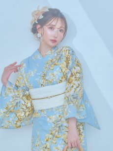 画像7: 【即日発送】ライトブルー×キバナフジ浴衣 【浴衣3点セット 浴衣/帯/下駄】 [YMT] (7)