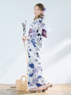 画像1: 【即日発送】パープルフラワー浴衣 【浴衣3点セット 浴衣/帯/下駄】 [YMT] (1)