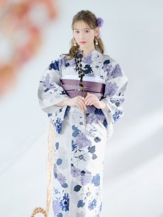 画像3: 【即日発送】パープルフラワー浴衣 【浴衣3点セット 浴衣/帯/下駄】 [YMT] (3)