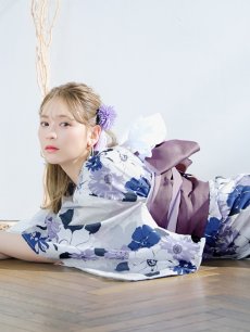 画像7: 【即日発送】パープルフラワー浴衣 【浴衣3点セット 浴衣/帯/下駄】 [YMT] (7)