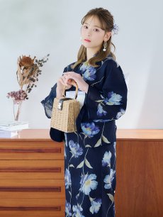 画像2: 【即日発送】ネイビー＆ブルー牡丹浴衣 【浴衣3点セット 浴衣/帯/下駄】 [YMT] (2)