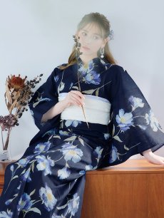 画像7: 【即日発送】ネイビー＆ブルー牡丹浴衣 【浴衣3点セット 浴衣/帯/下駄】 [YMT] (7)