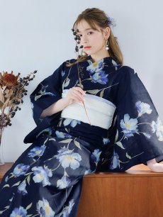 画像8: 【即日発送】ネイビー＆ブルー牡丹浴衣 【浴衣3点セット 浴衣/帯/下駄】 [YMT] (8)