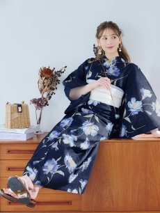 画像9: 【即日発送】ネイビー＆ブルー牡丹浴衣 【浴衣3点セット 浴衣/帯/下駄】 [YMT] (9)