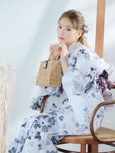 画像1: 【即日発送】朝顔×くすみパープル浴衣 【浴衣3点セット 浴衣/帯/下駄】 [YMT] (1)