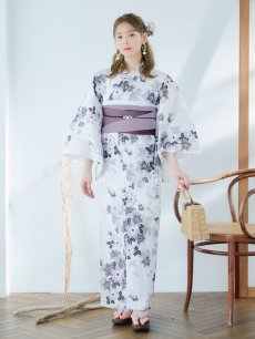 画像4: 【即日発送】朝顔×くすみパープル浴衣 【浴衣3点セット 浴衣/帯/下駄】 [YMT] (4)