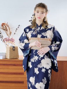 画像12: 【即日発送】ネイビー×ホワイトフラワー浴衣 【浴衣3点セット 浴衣/帯/下駄】 [YMT] (12)