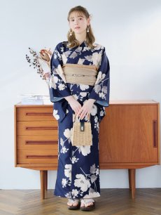 画像15: 【即日発送】ネイビー×ホワイトフラワー浴衣 【浴衣3点セット 浴衣/帯/下駄】 [YMT] (15)