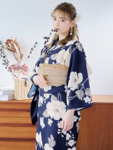 画像2: 【即日発送】ネイビー×ホワイトフラワー浴衣 【浴衣3点セット 浴衣/帯/下駄】 [YMT] (2)