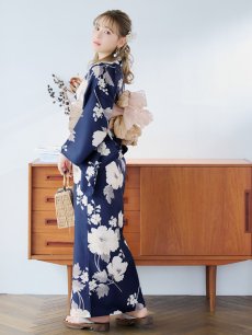 画像3: 【即日発送】ネイビー×ホワイトフラワー浴衣 【浴衣3点セット 浴衣/帯/下駄】 [YMT] (3)