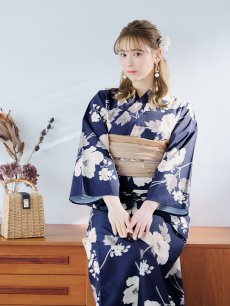 画像6: 【即日発送】ネイビー×ホワイトフラワー浴衣 【浴衣3点セット 浴衣/帯/下駄】 [YMT] (6)
