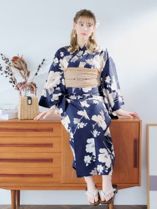 画像8: 【即日発送】ネイビー×ホワイトフラワー浴衣 【浴衣3点セット 浴衣/帯/下駄】 [YMT] (8)