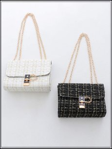 画像2: 【バッグ】2wayゴールドチェーンツイードバッグ【Fサイズ/2カラー】[OF03]  (2)