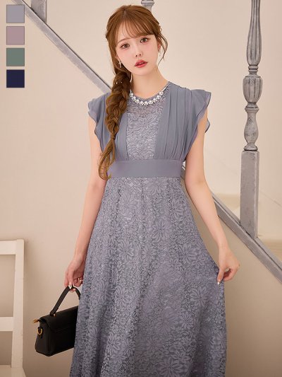 オケージョンドレス/ パーティードレス/ お呼ばれドレス/ 総レース/ ネックビジュー/ シフォン/ フラワーレース/ フレア/ Aライン/ ミモレ丈/ ワンピース/ ミディアムドレス