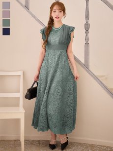 画像2: 【AMORA GRACE / アモーラグレース】 オケージョンドレス/ パーティードレス/ お呼ばれドレス/ 総レース/ ネックビジュー/ シフォン/ フラワーレース/ フレア/ Aライン/ ミモレ丈/ ワンピース/ ミディアムドレス[OF05] (2)