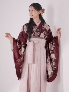 画像2: 【即日発送】ピンク芍薬 ワインレッド二尺袖着物【卒業袴３点セット 二尺袖着物/帯/袴】[FB01] (2)