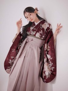 画像3: 【即日発送】ピンク芍薬 ワインレッド二尺袖着物【卒業袴３点セット 二尺袖着物/帯/袴】[FB01] (3)