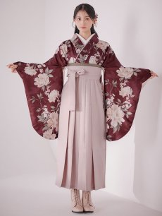 画像4: 【即日発送】ピンク芍薬 ワインレッド二尺袖着物【卒業袴３点セット 二尺袖着物/帯/袴】[FB01] (4)