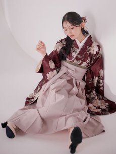 画像12: 【即日発送】ピンク芍薬 ワインレッド二尺袖着物【卒業袴３点セット 二尺袖着物/帯/袴】[FB01] (12)