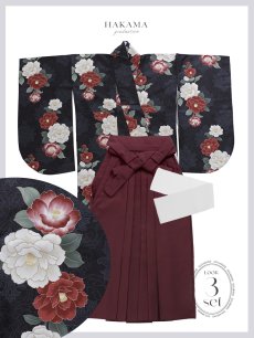 画像17: 【予約商品/1月中旬発送予定】白×赤椿 ブラック二尺袖着物【卒業袴３点セット 二尺袖着物/帯/袴】 (17)