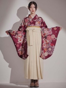 画像4: 【予約商品 / 1月中旬発送予定】菊×椿 ワインレッド二尺袖着物【卒業袴３点セット 二尺袖着物/帯/袴】 (4)