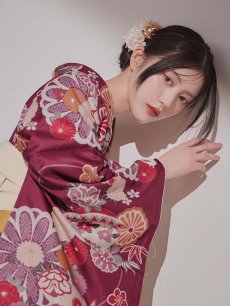 画像13: 【予約商品 / 1月中旬発送予定】菊×椿 ワインレッド二尺袖着物【卒業袴３点セット 二尺袖着物/帯/袴】 (13)