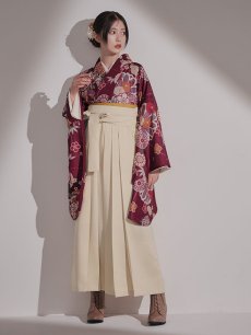 画像14: 【予約商品 / 1月中旬発送予定】菊×椿 ワインレッド二尺袖着物【卒業袴３点セット 二尺袖着物/帯/袴】 (14)