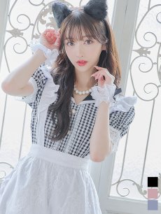画像2: 【ハロウィン】 ギンガムチェック猫メイド【コスプレ5点セット】【S-Mサイズ/3カラー】[HC03] (2)