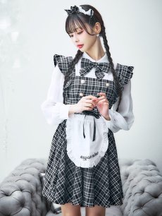 画像2: 【SALE!!】【即日発送！】【ハロウィン】ブラックチェックメイドワンピース 【コスプレ5点セット】[HC03] (2)