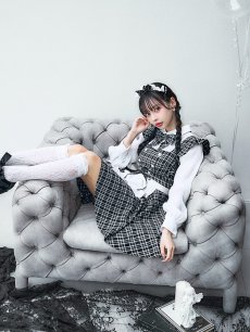 画像3: 【SALE!!】【即日発送！】【ハロウィン】ブラックチェックメイドワンピース 【コスプレ5点セット】[HC03] (3)