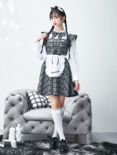 画像4: 【SALE!!】【即日発送！】【ハロウィン】ブラックチェックメイドワンピース 【コスプレ5点セット】[HC03] (4)