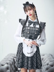 画像6: 【SALE!!】【即日発送！】【ハロウィン】ブラックチェックメイドワンピース 【コスプレ5点セット】[HC03] (6)