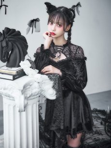 画像1: 【SALE!!】【即日発送！】【ハロウィン】ブラックキャットベロアワンピース 【コスプレ3点セット】[HC03] (1)