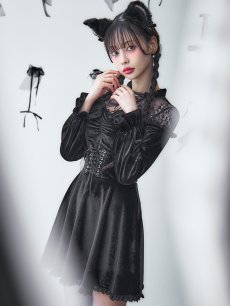 画像2: 【SALE!!】【即日発送！】【ハロウィン】ブラックキャットベロアワンピース 【コスプレ3点セット】[HC03] (2)