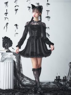 画像4: 【SALE!!】【即日発送！】【ハロウィン】ブラックキャットベロアワンピース 【コスプレ3点セット】[HC03] (4)