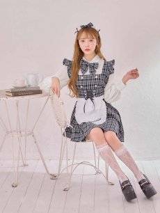 画像8: 【SALE!!】【即日発送！】【ハロウィン】ブラックチェックメイドワンピース 【コスプレ5点セット】[HC03] (8)