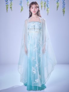 画像4: 【即日発送】【送料無料！】【ハロウィン】アイスブルー刺繍ロングシフォン漢服セット【コスプレ3点SET】【Fサイズ】[OF04]加藤美南着用 (4)