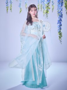 画像12: 【即日発送】【送料無料！】【ハロウィン】アイスブルー刺繍ロングシフォン漢服セット【コスプレ3点SET】【Fサイズ】[OF04]加藤美南着用 (12)