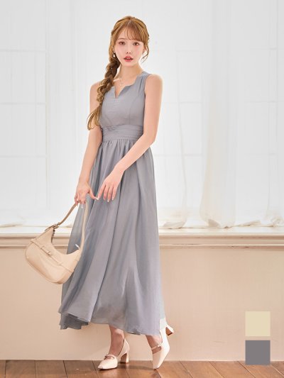 ウエストギャザーラメシフォンフレアワンピースドレス