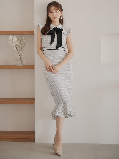 ツイードマーメイドドレス/ボウタイ/ボタン/リボン/ポケット/背中隠し/ミディアムドレス